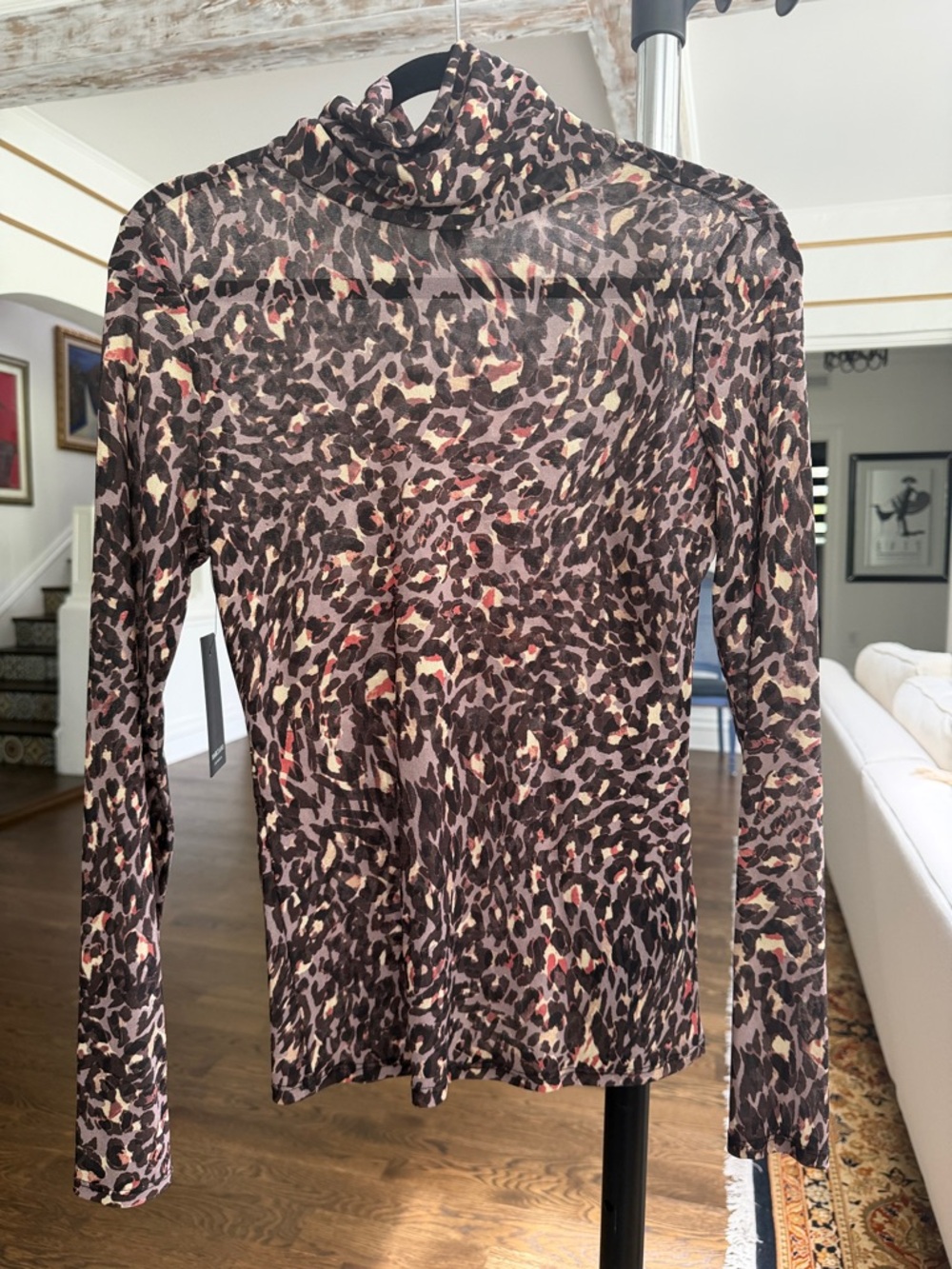 MARCIANO Leopard Print Long Sleeve Turtleneck Top - Brown/Pink